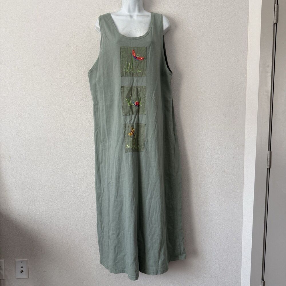 Vintage 90s Donna USA Cottagecore Embroidered Sage Green Maxi Jumper Dress XL
